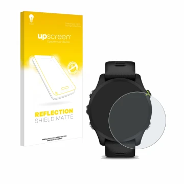 Vorderseite einer Produktverpackung mit dem Markenlogo upscreen. Daneben ist das Gerät Garmin Forerunner 255 Music mit dem zug