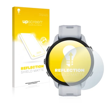 Vorderseite einer Produktverpackung mit dem Markenlogo upscreen. Daneben ist das Gerät Garmin Forerunner 955 mit dem zugehörig