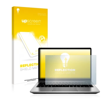 Vorderseite einer Produktverpackung mit dem Markenlogo upscreen. Daneben ist das Gerät HP ProBook 640 G8 mit dem zugehörigen D