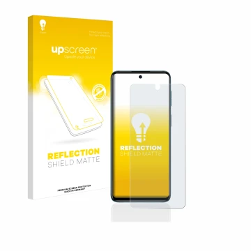 Vorderseite einer Produktverpackung mit dem Markenlogo upscreen. Daneben ist das Gerät Motorola Moto G42 mit dem zugehörigen D