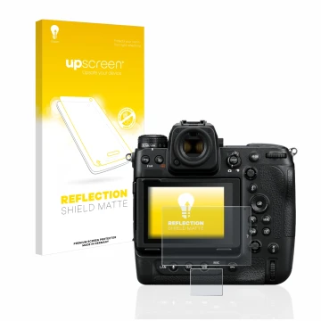Vorderseite einer Produktverpackung mit dem Markenlogo upscreen. Daneben ist das Gerät Nikon Z 9 (Display + Schulterdisplay) m