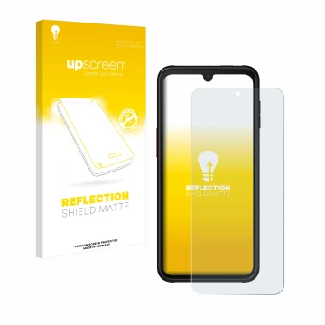 Vorderseite einer Produktverpackung mit dem Markenlogo upscreen. Daneben ist das Gerät Samsung Galaxy Xcover 6 Pro mit dem zug