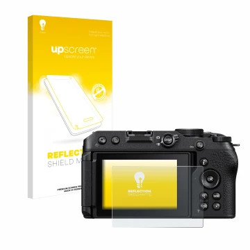 Vorderseite einer Produktverpackung mit dem Markenlogo upscreen. Daneben ist das Gerät Nikon Z 30 mit dem zugehörigen Displays