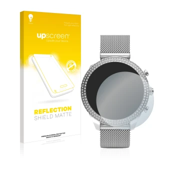 Vorderseite einer Produktverpackung mit dem Markenlogo upscreen. Daneben ist das Gerät Fossil Stella (6. Gen) mit dem zugehöri