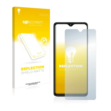 Vorderseite einer Produktverpackung mit dem Markenlogo upscreen. Daneben ist das Gerät Samsung Galaxy M13 5G mit dem zugehörig