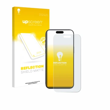 Vorderseite einer Produktverpackung mit dem Markenlogo upscreen. Daneben ist das Gerät Apple iPhone 14 Pro Max mit dem zugehör