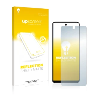 Vorderseite einer Produktverpackung mit dem Markenlogo upscreen. Daneben ist das Gerät Motorola Moto G32 mit dem zugehörigen D