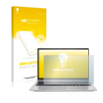Vorderseite einer Produktverpackung mit dem Markenlogo upscreen. Daneben ist das Gerät HP ProBook 650 G8 mit dem zugehörigen D