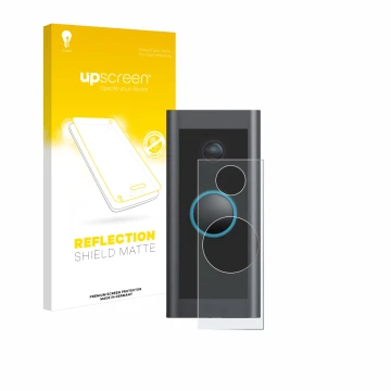 Vorderseite einer Produktverpackung mit dem Markenlogo upscreen. Daneben ist das Gerät Ring Video Doorbell Wired mit dem zugeh