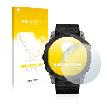 Vorderseite einer Produktverpackung mit dem Markenlogo upscreen. Daneben ist das Gerät Garmin Enduro 2 mit dem zugehörigen Dis