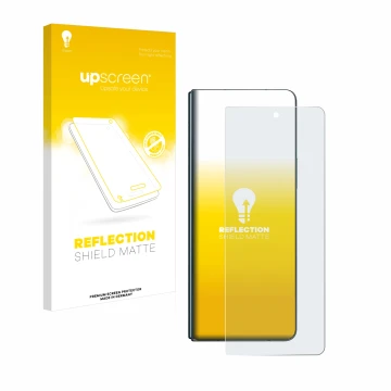 Vorderseite einer Produktverpackung mit dem Markenlogo upscreen. Daneben ist das Gerät Samsung Galaxy Z Fold 4 mit dem zugehör