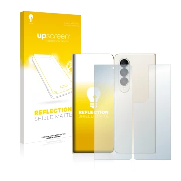 Vorderseite einer Produktverpackung mit dem Markenlogo upscreen. Daneben ist das Gerät Samsung Galaxy Z Fold 4 (Display+Rückse