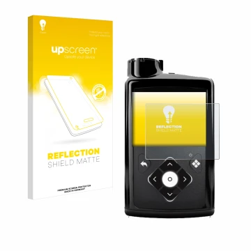 Vorderseite einer Produktverpackung mit dem Markenlogo upscreen. Daneben ist das Gerät Medtronic Minimed 780G mit dem zugehöri