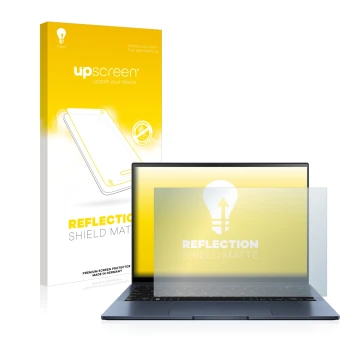 Vorderseite einer Produktverpackung mit dem Markenlogo upscreen. Daneben ist das Gerät ASUS ZenBook S13 OLED mit dem zugehörig