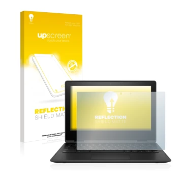Vorderseite einer Produktverpackung mit dem Markenlogo upscreen. Daneben ist das Gerät HP Chromebook x360 11 G3 mit dem zugehö