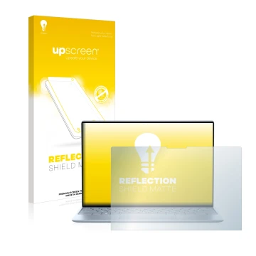Vorderseite einer Produktverpackung mit dem Markenlogo upscreen. Daneben ist das Gerät Dell XPS 13 9315 Touch mit dem zugehöri