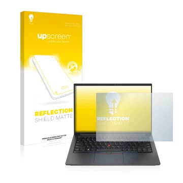 Vorderseite einer Produktverpackung mit dem Markenlogo upscreen. Daneben ist das Gerät Lenovo ThinkPad E14 Gen 4 mit dem zugeh