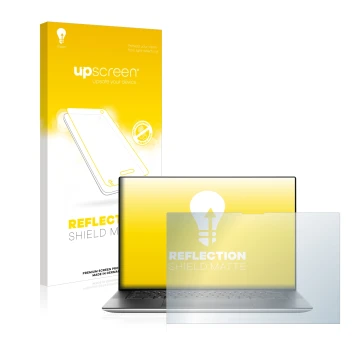 Vorderseite einer Produktverpackung mit dem Markenlogo upscreen. Daneben ist das Gerät Dell XPS 15 9520 Touch mit dem zugehöri