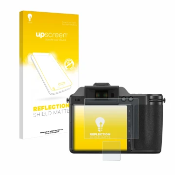 Vorderseite einer Produktverpackung mit dem Markenlogo upscreen. Daneben ist das Gerät Fujifilm X-H2 mit dem zugehörigen Displ