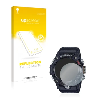 Vorderseite einer Produktverpackung mit dem Markenlogo upscreen. Daneben ist das Gerät Casio G-Shock Mudmaster GG-B100-1AER mi