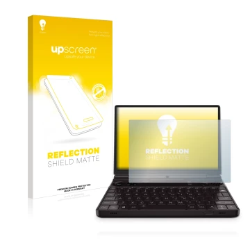 Vorderseite einer Produktverpackung mit dem Markenlogo upscreen. Daneben ist das Gerät GPD Win Max 2 mit dem zugehörigen Displ