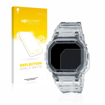 Vorderseite einer Produktverpackung mit dem Markenlogo upscreen. Daneben ist das Gerät Casio G-Shock DW-5600SKE-7 mit dem zuge