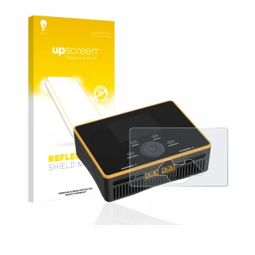 Vorderseite einer Produktverpackung mit dem Markenlogo upscreen. Daneben ist das Gerät Junsi iCharger DX8 Duo mit dem zugehöri