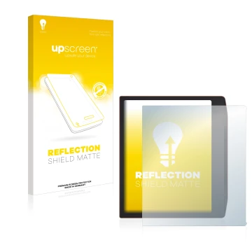 Vorderseite einer Produktverpackung mit dem Markenlogo upscreen. Daneben ist das Gerät PocketBook Era mit dem zugehörigen Disp