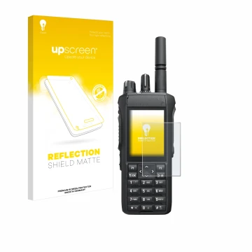 Vorderseite einer Produktverpackung mit dem Markenlogo upscreen. Daneben ist das Gerät Motorola R7 mit dem zugehörigen Display