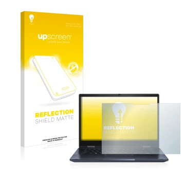 Vorderseite einer Produktverpackung mit dem Markenlogo upscreen. Daneben ist das Gerät ASUS ExpertBook B3 Flip B3402 mit dem z