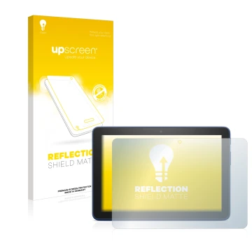 Vorderseite einer Produktverpackung mit dem Markenlogo upscreen. Daneben ist das Gerät Amazon Fire HD 8 2022 mit dem zugehörig