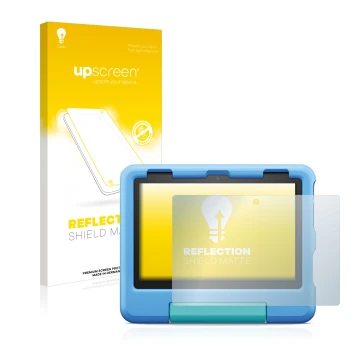 Vorderseite einer Produktverpackung mit dem Markenlogo upscreen. Daneben ist das Gerät Amazon Fire HD 8 Kids 2022 mit dem zuge