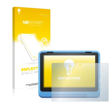 Vorderseite einer Produktverpackung mit dem Markenlogo upscreen. Daneben ist das Gerät Amazon Fire HD 8 Kids Pro 2022 mit dem 