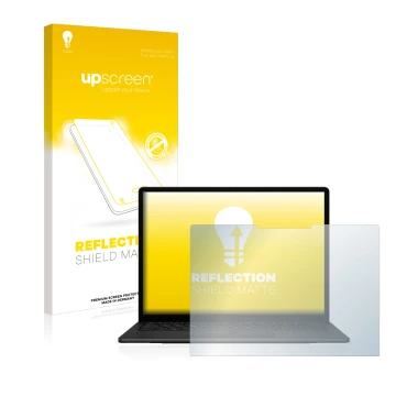 Vorderseite einer Produktverpackung mit dem Markenlogo upscreen. Daneben ist das Gerät Microsoft Surface Laptop 5 15