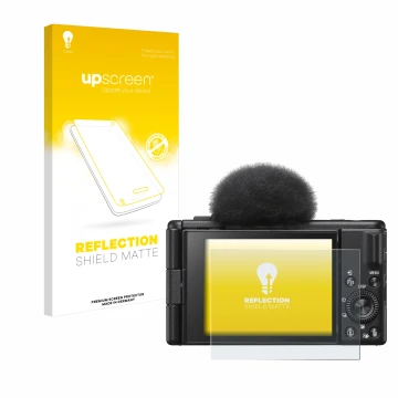 Vorderseite einer Produktverpackung mit dem Markenlogo upscreen. Daneben ist das Gerät Sony ZV-1F mit dem zugehörigen Displays