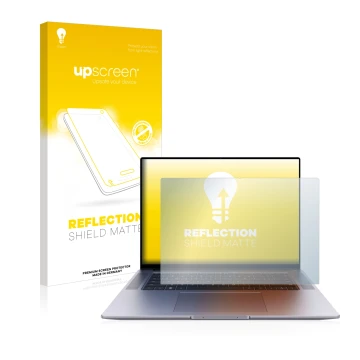 Vorderseite einer Produktverpackung mit dem Markenlogo upscreen. Daneben ist das Gerät Huawei MateBook 16s mit dem zugehörigen