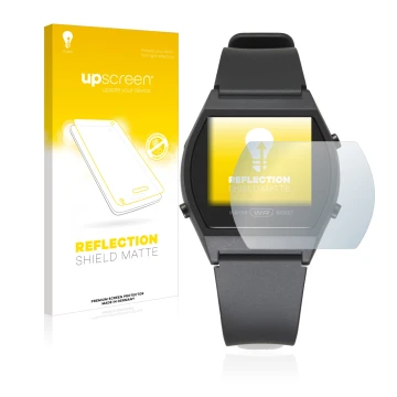 Vorderseite einer Produktverpackung mit dem Markenlogo upscreen. Daneben ist das Gerät Casio LW-204-1BEF mit dem zugehörigen D