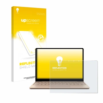 Vorderseite einer Produktverpackung mit dem Markenlogo upscreen. Daneben ist das Gerät Microsoft Surface Laptop Go 2 Business 