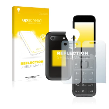 Vorderseite einer Produktverpackung mit dem Markenlogo upscreen. Daneben ist das Gerät Nokia 2660 Flip (Display+Rückseite) mit