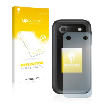 Vorderseite einer Produktverpackung mit dem Markenlogo upscreen. Daneben ist das Gerät Nokia 2660 Flip (Rückseite) mit dem zug