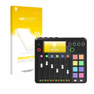 Vorderseite einer Produktverpackung mit dem Markenlogo upscreen. Daneben ist das Gerät Rode Rodecaster Pro II mit dem zugehöri