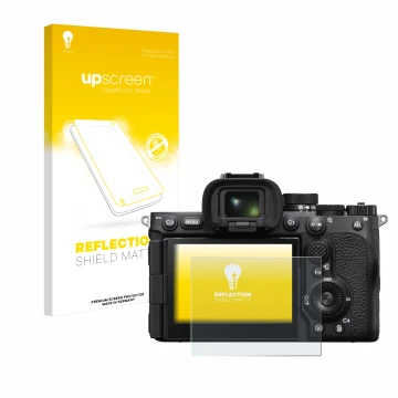 Vorderseite einer Produktverpackung mit dem Markenlogo upscreen. Daneben ist das Gerät Sony Alpha 7R V / a7R V mit dem zugehör