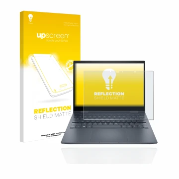 Vorderseite einer Produktverpackung mit dem Markenlogo upscreen. Daneben ist das Gerät HP Envy x360 13-bfxxx mit dem zugehörig