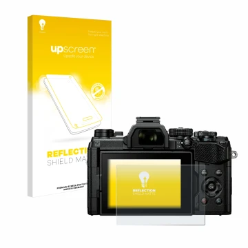 Vorderseite einer Produktverpackung mit dem Markenlogo upscreen. Daneben ist das Gerät Olympus OM System OM-5 mit dem zugehöri