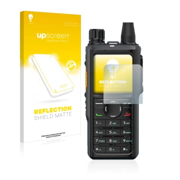 Vorderseite einer Produktverpackung mit dem Markenlogo upscreen. Daneben ist das Gerät Hytera HP 685 mit dem zugehörigen Displ