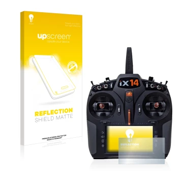 Vorderseite einer Produktverpackung mit dem Markenlogo upscreen. Daneben ist das Gerät Spektrum iX14 mit dem zugehörigen Displ