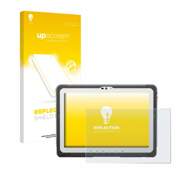 Vorderseite einer Produktverpackung mit dem Markenlogo upscreen. Daneben ist das Gerät Panasonic Toughbook FZ-A3 mit dem zugeh