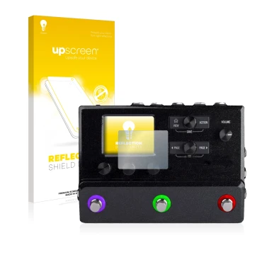 Vorderseite einer Produktverpackung mit dem Markenlogo upscreen. Daneben ist das Gerät Line 6 hx stomp mit dem zugehörigen Dis