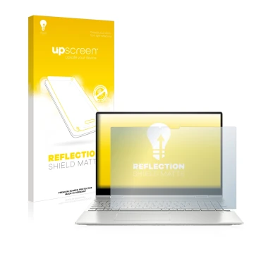 Vorderseite einer Produktverpackung mit dem Markenlogo upscreen. Daneben ist das Gerät HP Envy x360 2-in-1 15-ey mit dem zugeh