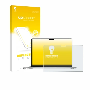 Vorderseite einer Produktverpackung mit dem Markenlogo upscreen. Daneben ist das Gerät Apple MacBook Pro 14